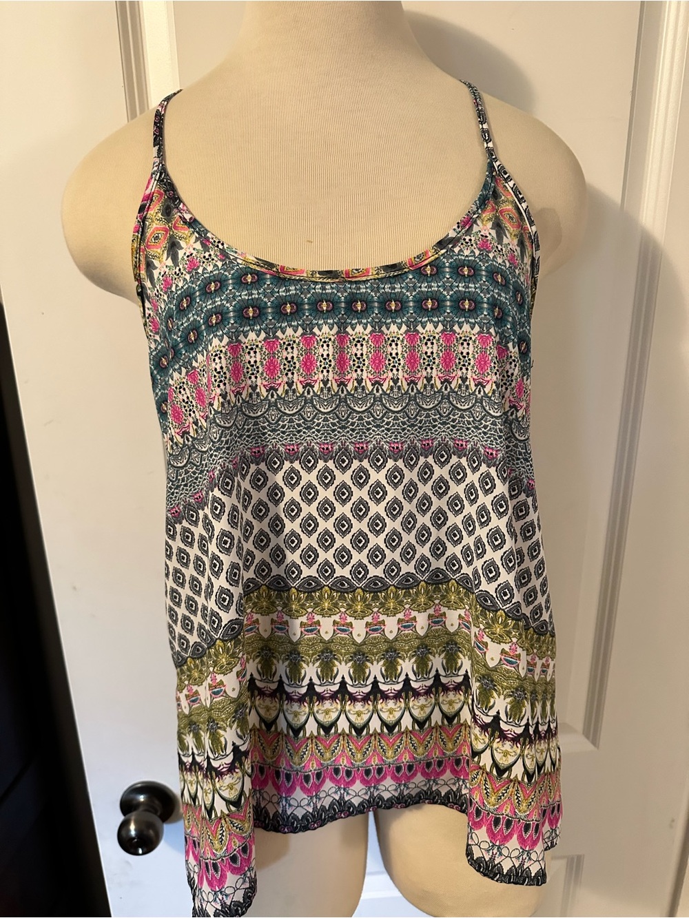 Boho Print Spaghetti Strap Cami - Pink, Teal & White